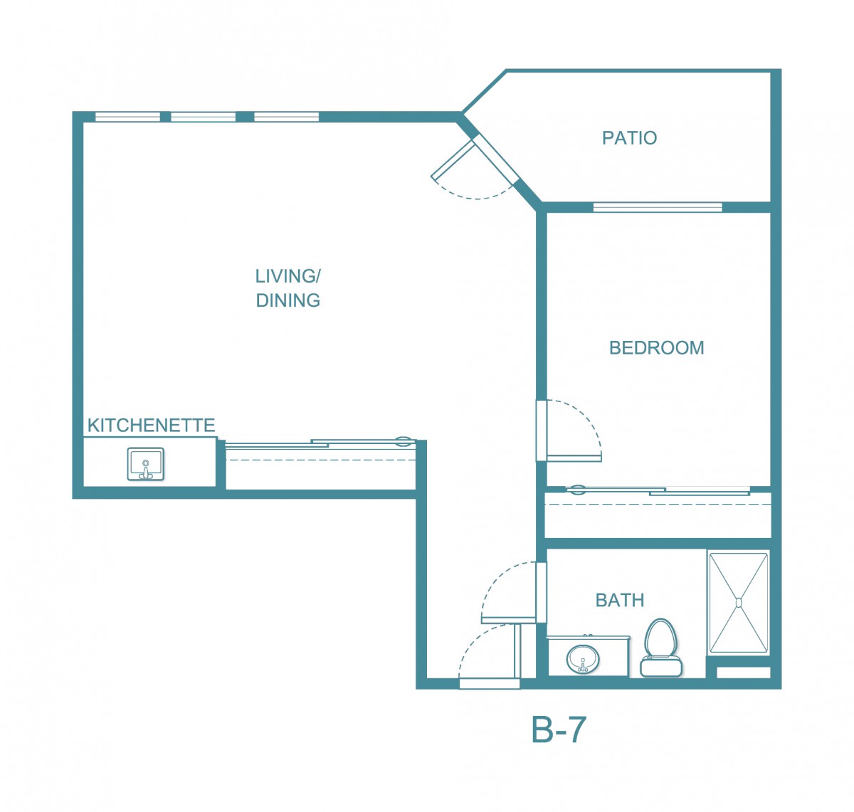 This image shows a floor plan of an apartment, including a living area, kitchen, bedroom, bathroom, and patio.