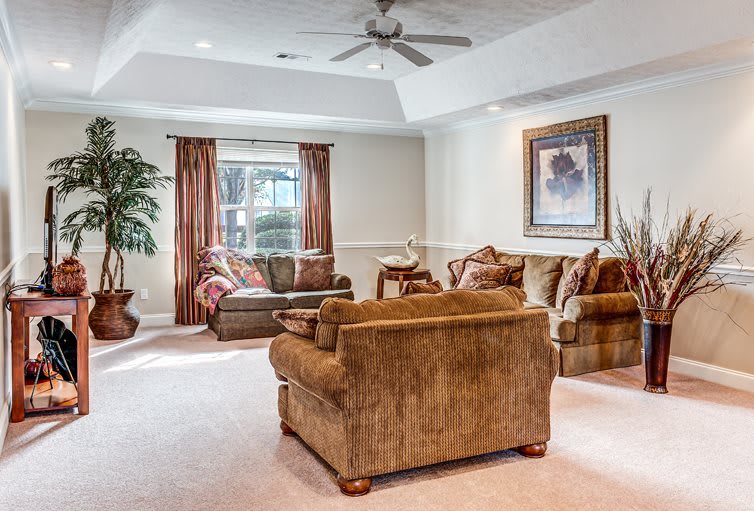 A cozy living room with comfortable sofas, a coffee table, and warm decor.