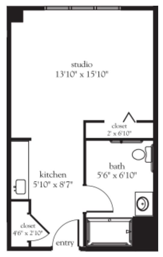 Studio apartment floor plan with kitchen and bath layout.