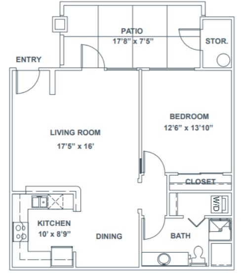 A simple one-bedroom apartment floor plan with labeled dimensions.