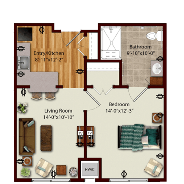 A floor plan of a one-bedroom apartment featuring a living room, kitchen, and bathroom.