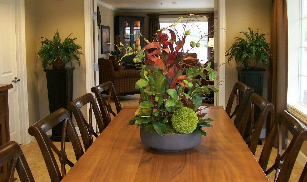 A dining room with a wooden table featuring an intricate plant centerpiece.