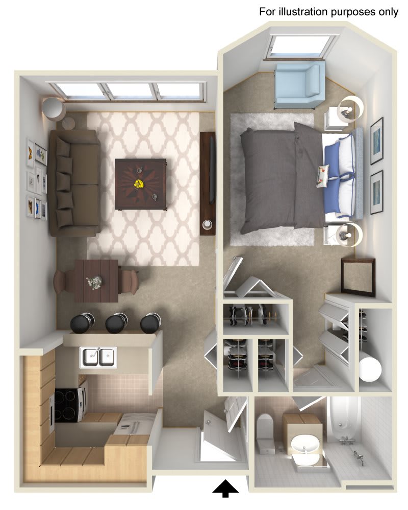 A detailed floor plan of a modern apartment featuring a living room, bedroom, kitchen, and bathroom.
