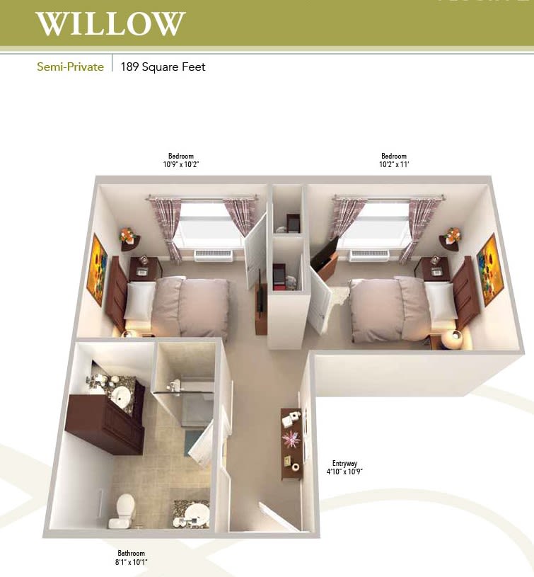 3D floor plan of a two-bedroom apartment named 'Willow', featuring a compact layout with shared bathroom.