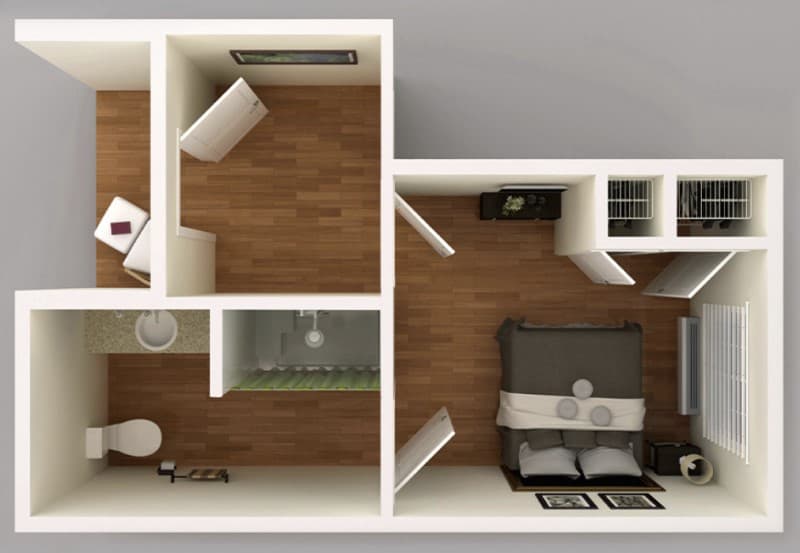 A top-view layout of a modern apartment showing a bedroom, bathroom, and living area.