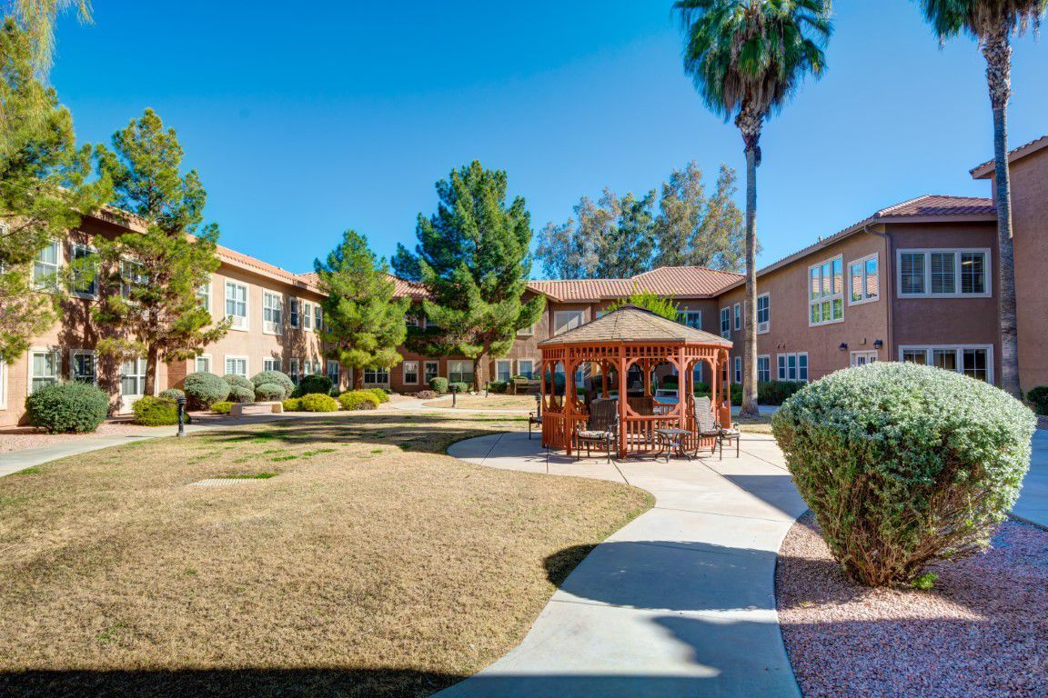 A sunny courtyard with a gazebo and surrounding buildings, featuring trees and a single tall palm tree.
