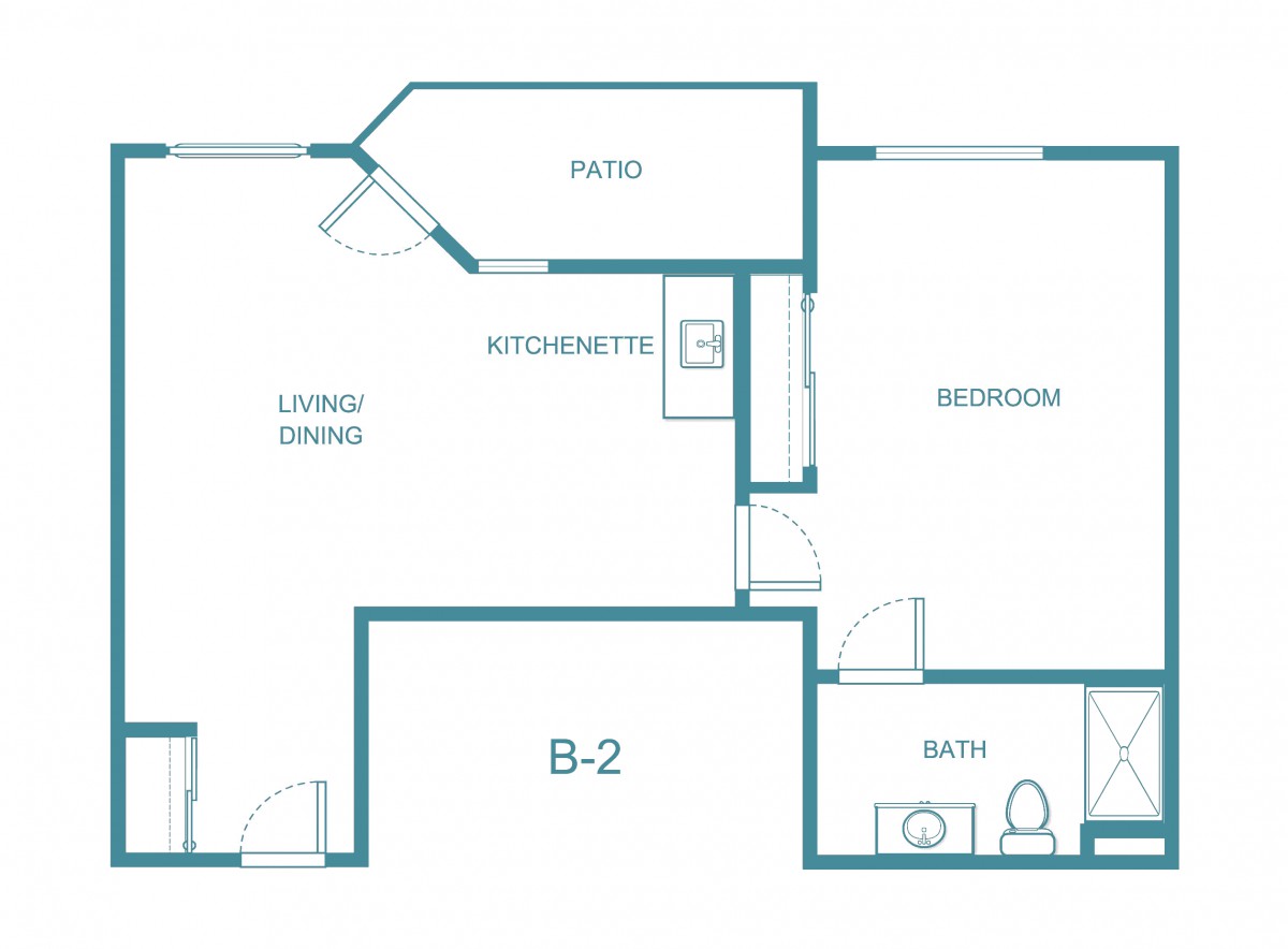 A basic floor plan of an apartment with labeled rooms including a living/dining area, kitchenette, bedroom, and bathroom.