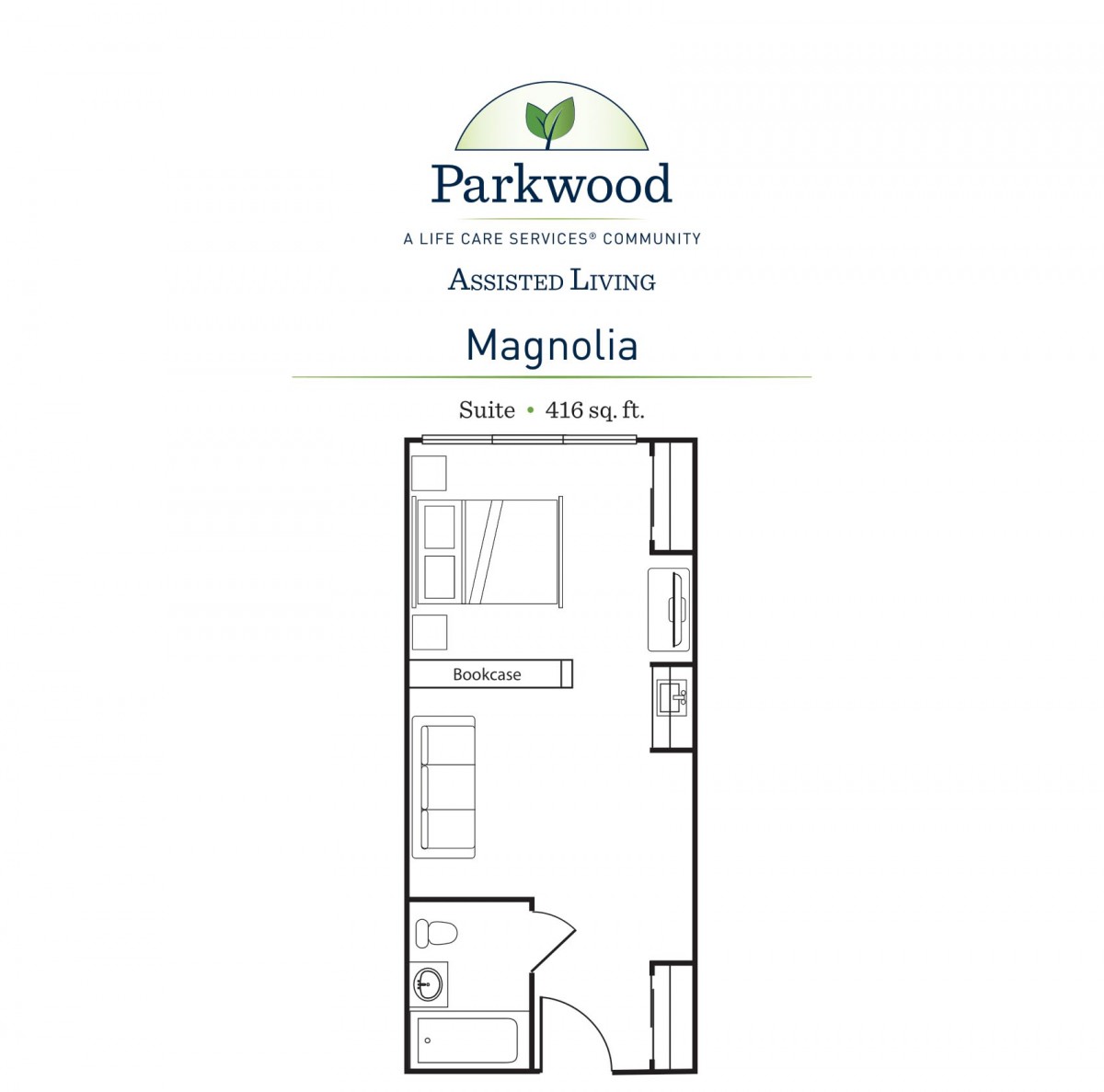 Floor plan of the Magnolia studio apartment at Parkwood.