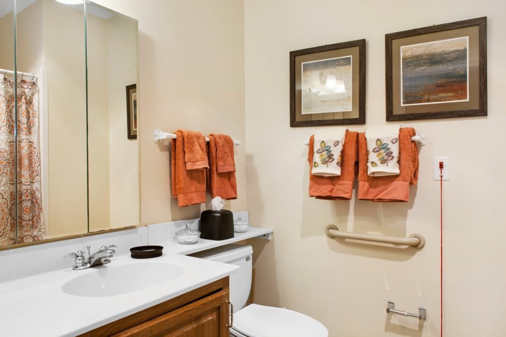 A neatly arranged bathroom with orange towels and decorative wall art.