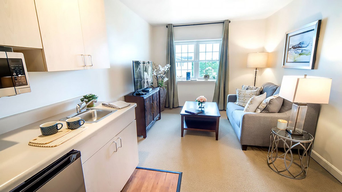 A cozy living room with a sofa, coffee table, and a kitchenette.