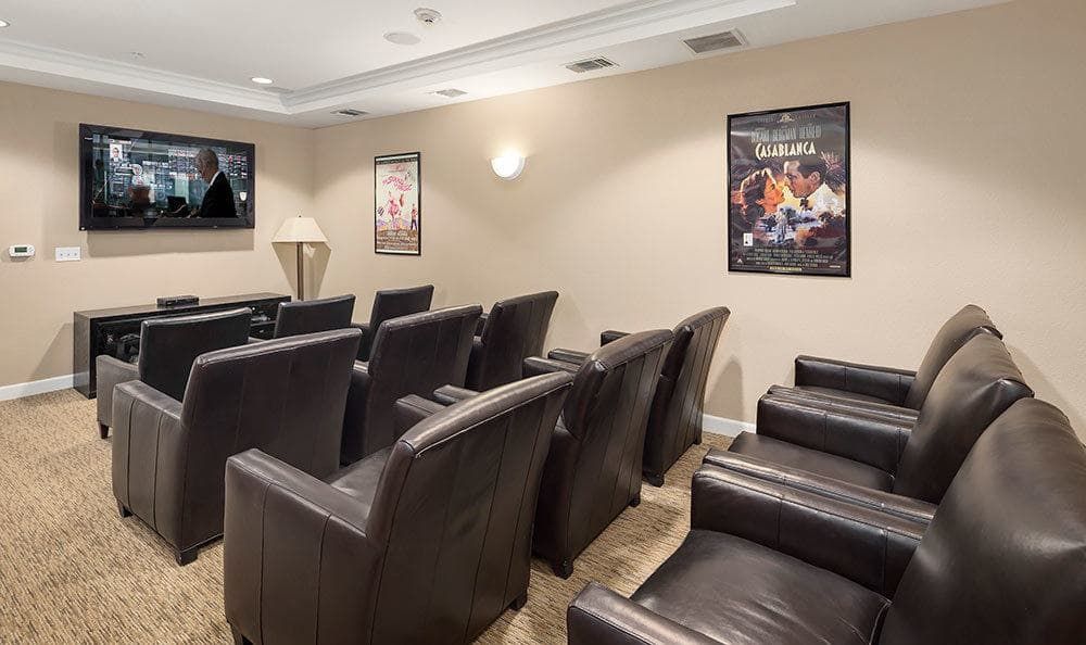 A cozy home theater with comfortable seating and movie posters on the walls.