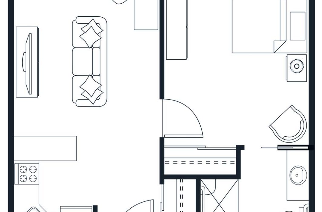 A detailed floor plan depicting a section of a residential layout with labeled rooms and furniture.
