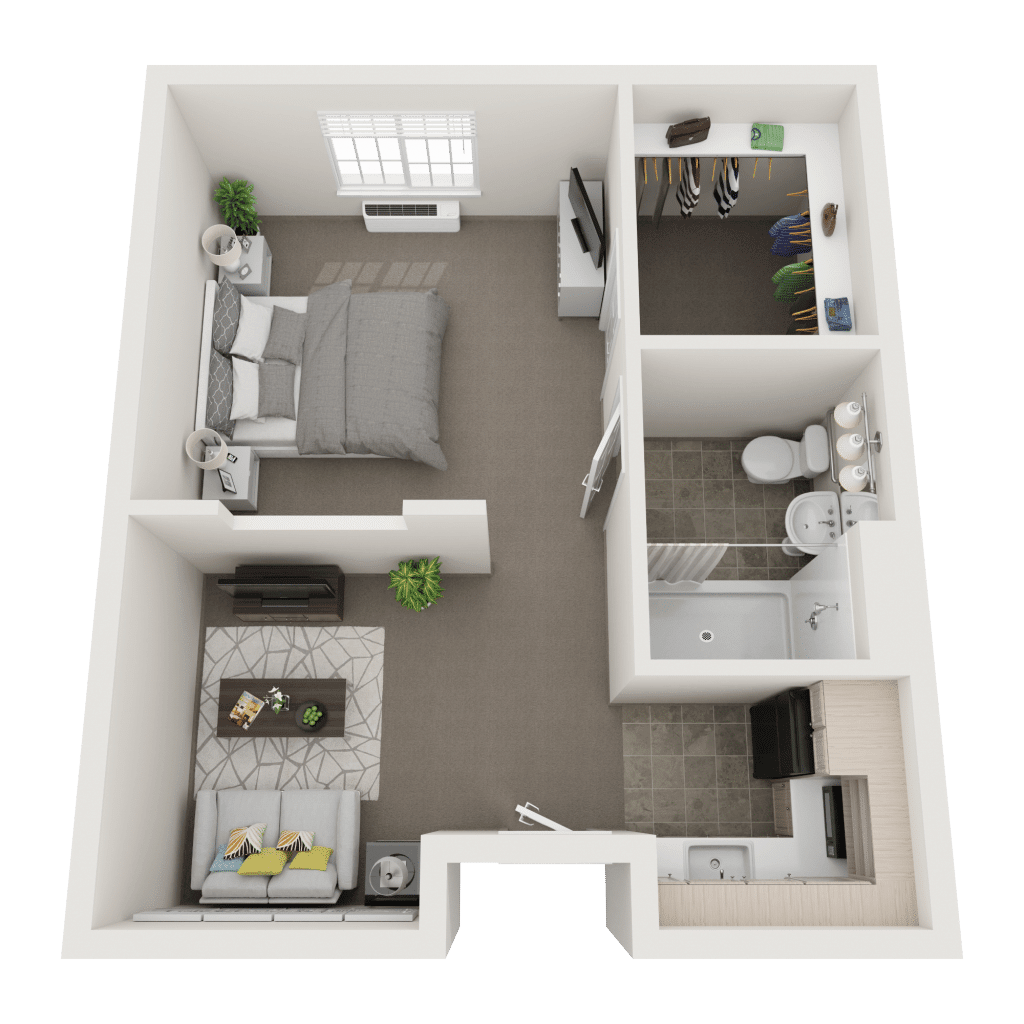 A 3D floor plan of a one-bedroom apartment featuring a living area, kitchen, bathroom, and bedroom.