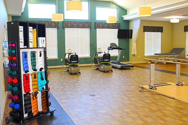 A bright and spacious fitness center featuring treadmills, stationary bikes, and various gym equipment.