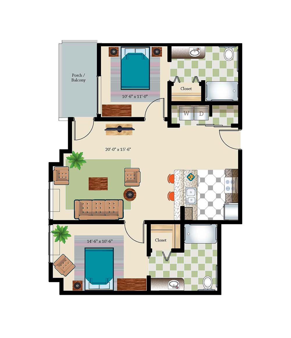 Floor plan of a two-bedroom apartment with a living room, kitchen, and two bathrooms.