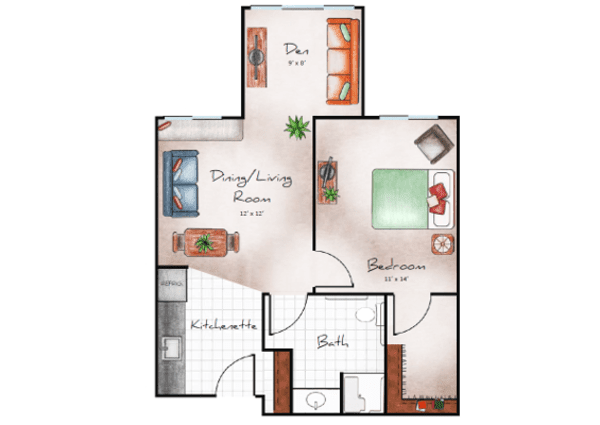 This image is a floor plan of a one-bedroom apartment featuring a living room, kitchen, bathroom, and balcony.