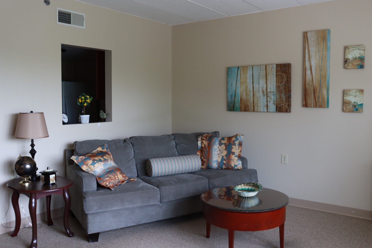 A cozy living room with a gray sofa, colorful cushions, and modern wall art.