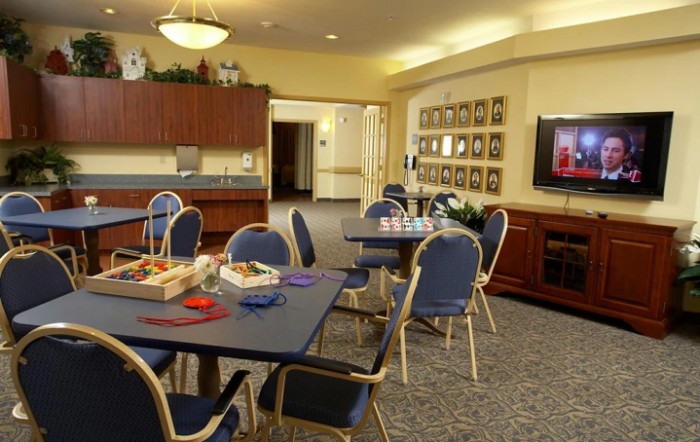 A community room with tables, chairs, and a television for activities.