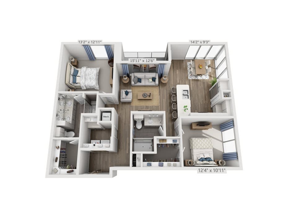 3D floor plan of a two-bedroom apartment with a living room, kitchen, and two bathrooms.