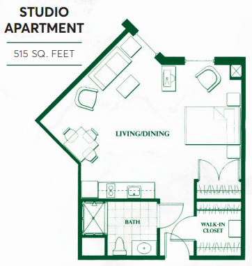 A floor plan of a 515 square foot studio apartment showing the living/sleeping area, kitchen, bathroom, and walk-in closet.