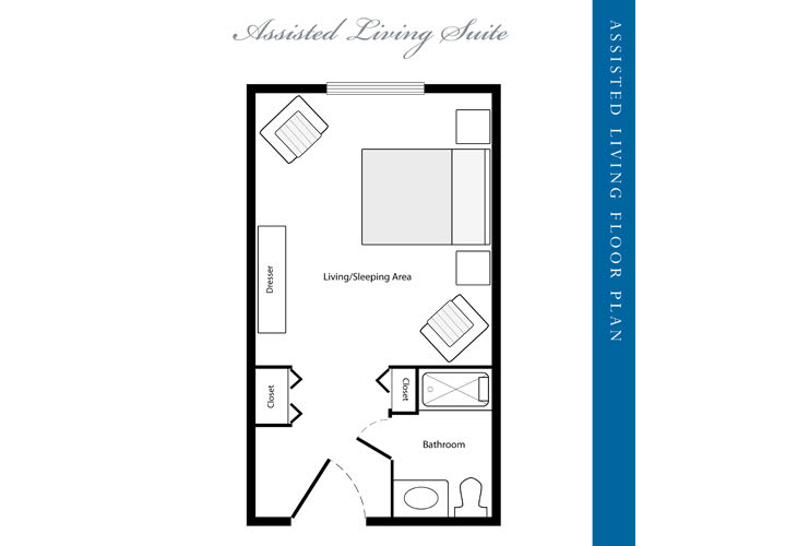 Floor plan of an assisted living suite with designated areas for a bedroom, bathroom, and a living area.
