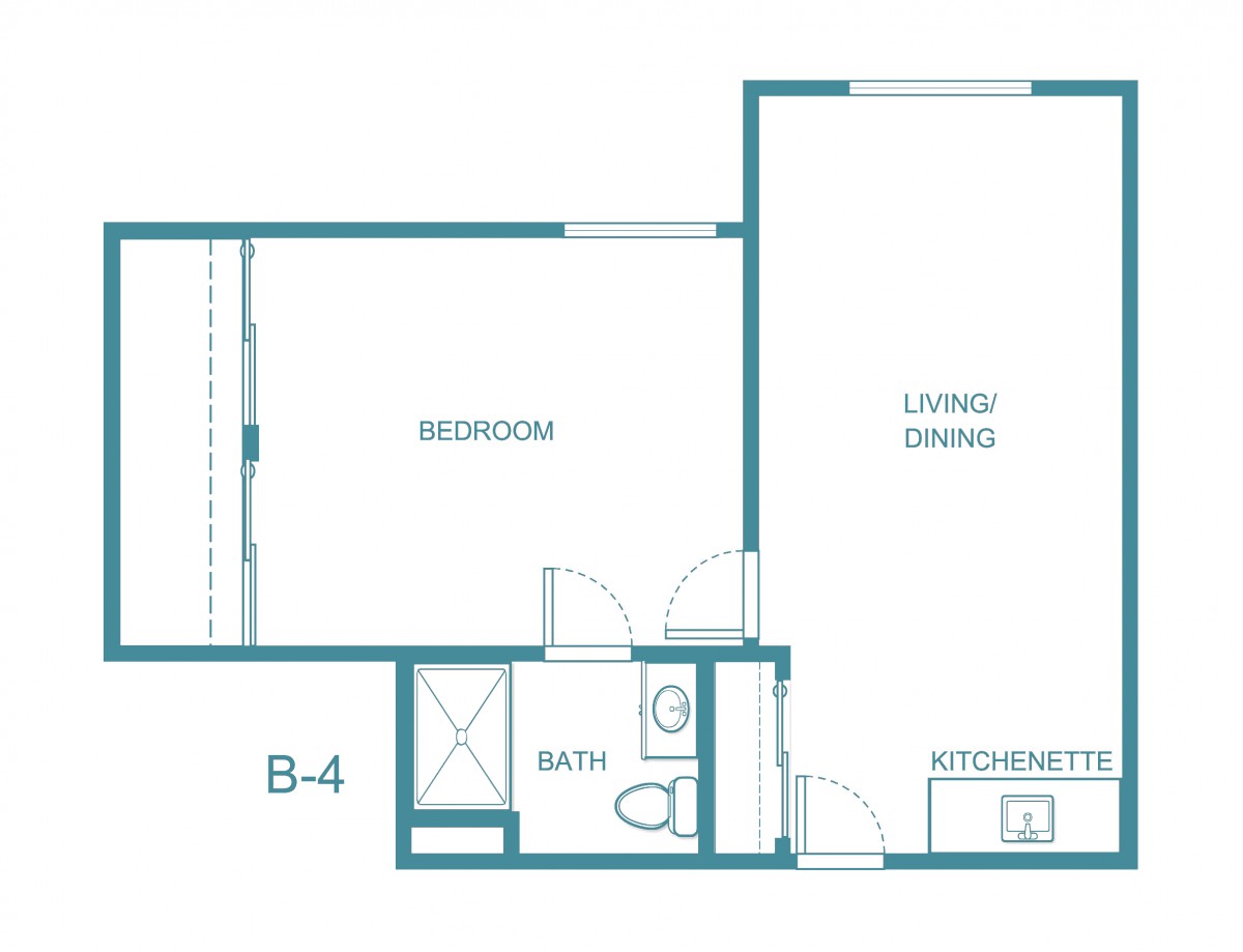 A floor plan layout showing a one-bedroom apartment with living/dining area, bathroom, and kitchenette.