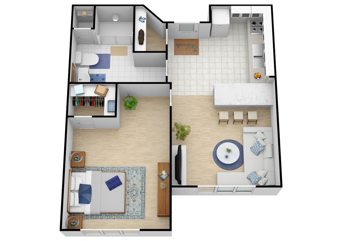 A 3D rendered floor plan of a one-bedroom apartment featuring a kitchen, living room, and bathroom.