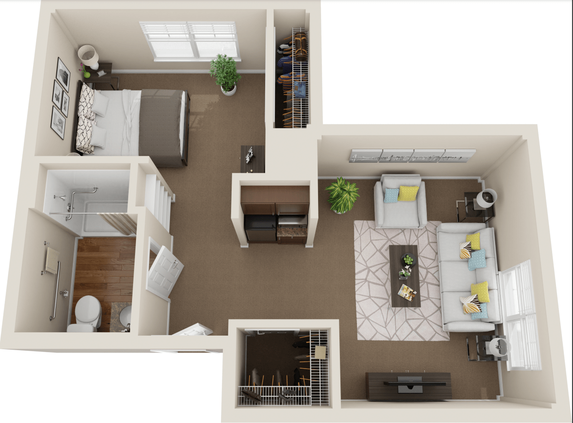 A 3D floor plan of a one-bedroom apartment featuring a living room, kitchen, and bathroom.