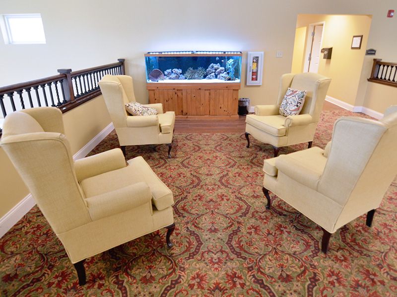 A cozy living room with four beige armchairs arranged around an aquarium.