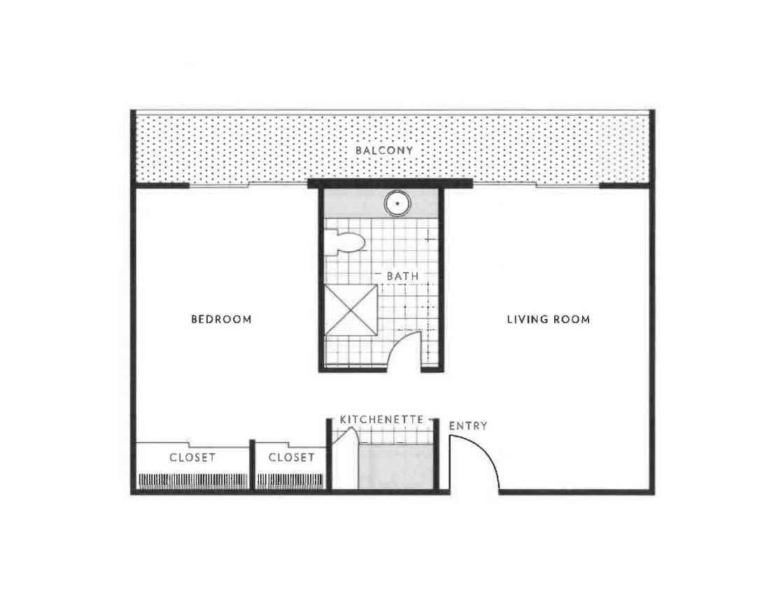 A floor plan of a one-bedroom apartment with a living room and balcony.