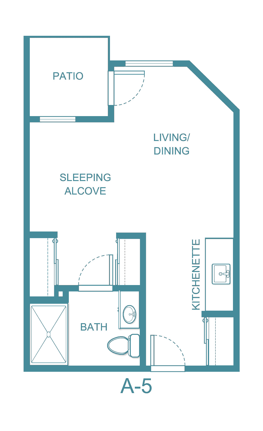 Studio apartment floor plan featuring a sleeping alcove, living/dining area, kitchenette, and bathroom.