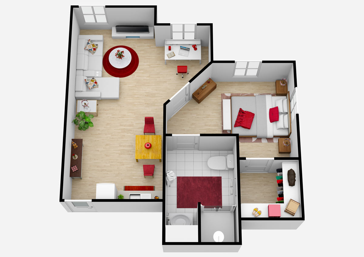 A 3D floor plan showing a one-bedroom apartment with an open living area, a kitchen, a bathroom, and a bedroom.