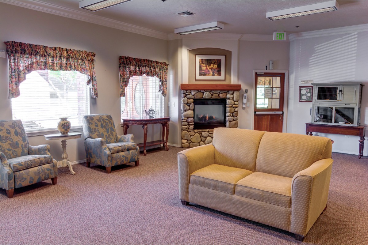 A cozy living room featuring a sofa and armchair near a stone fireplace, with windows adorned with patterned curtains.