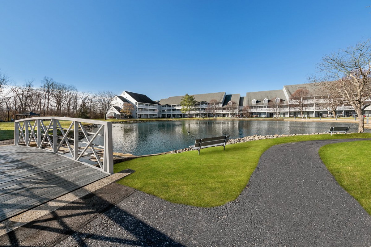 A scenic view of a park with a lake, surrounded by modern buildings, featuring a bridge and a bench under a clear blue sky.