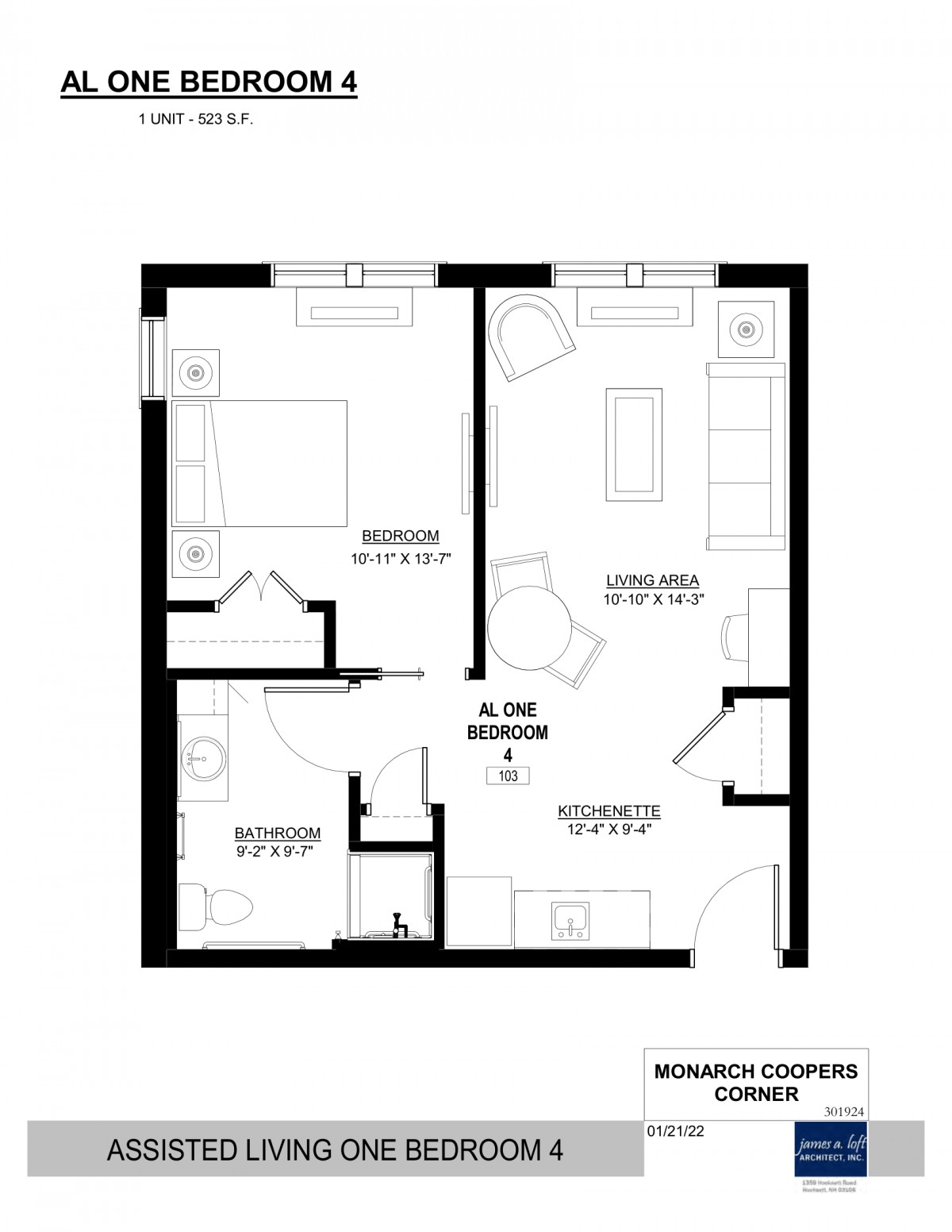 A floor plan of a one-bedroom apartment with a living room, kitchen, and bathroom.