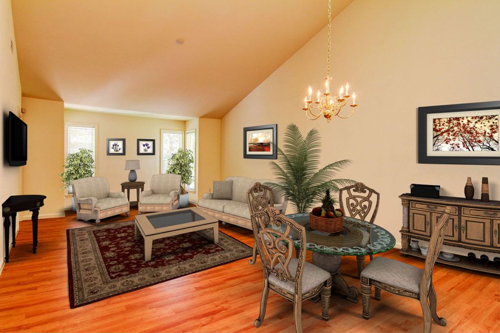 A cozy living and dining area with elegant furniture and decor.