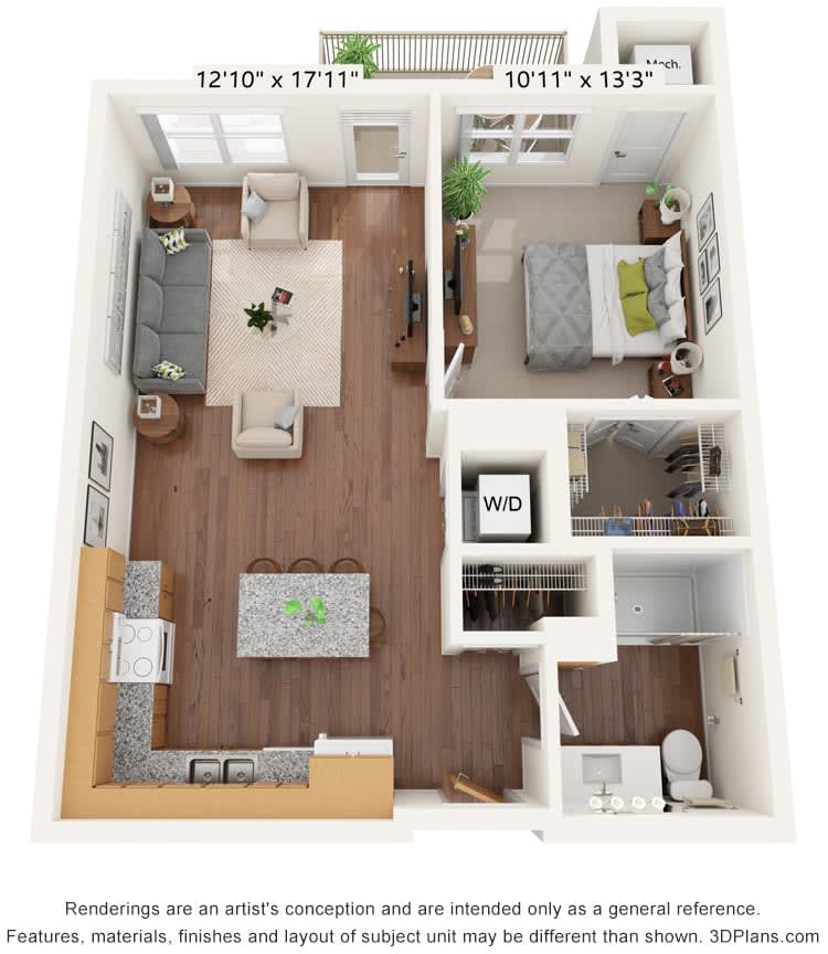 1-bedroom apartment floor plan with living room, kitchen, and bathroom.