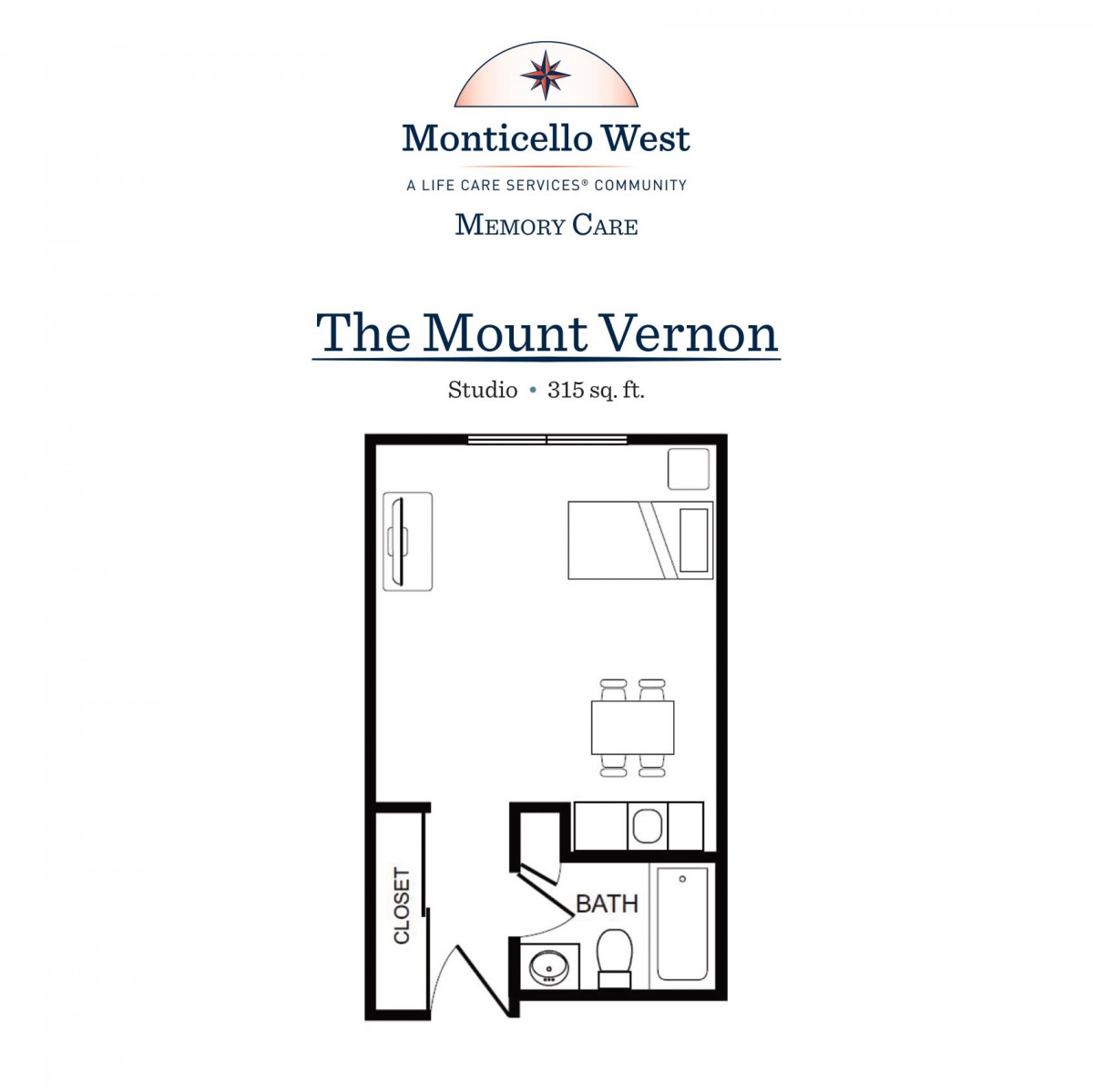Floor plan of 'The Mount Vernon' studio apartment at Monticello West.