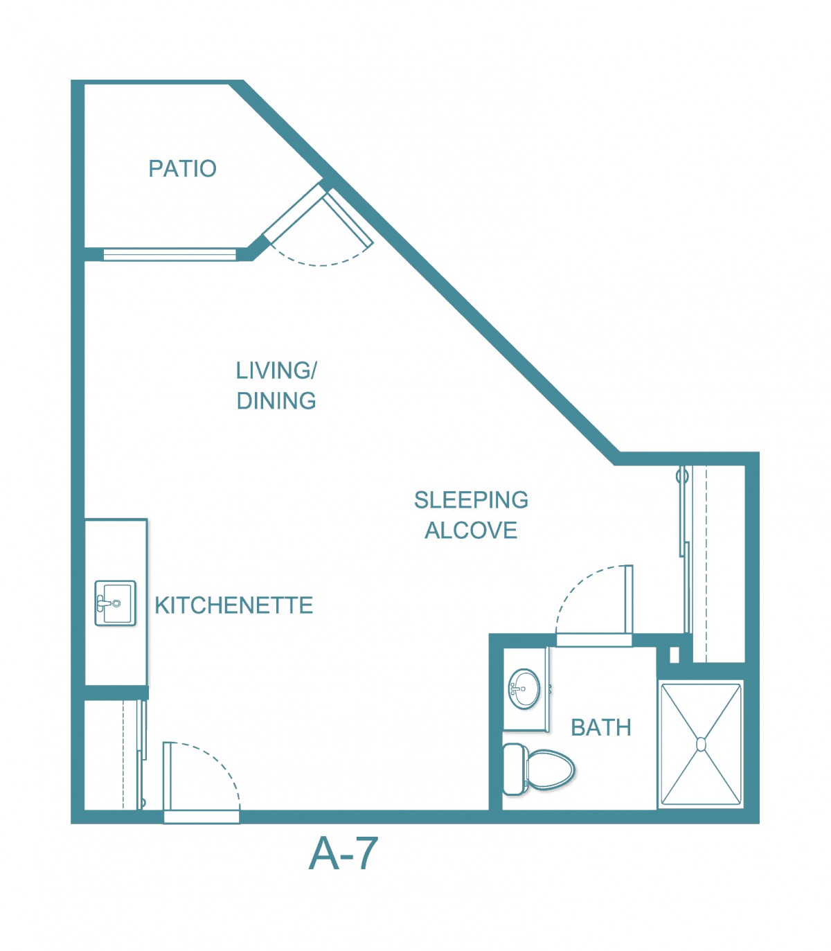 Studio apartment floor plan with kitchenette, living/dining area, sleeping alcove, bath, and patio.