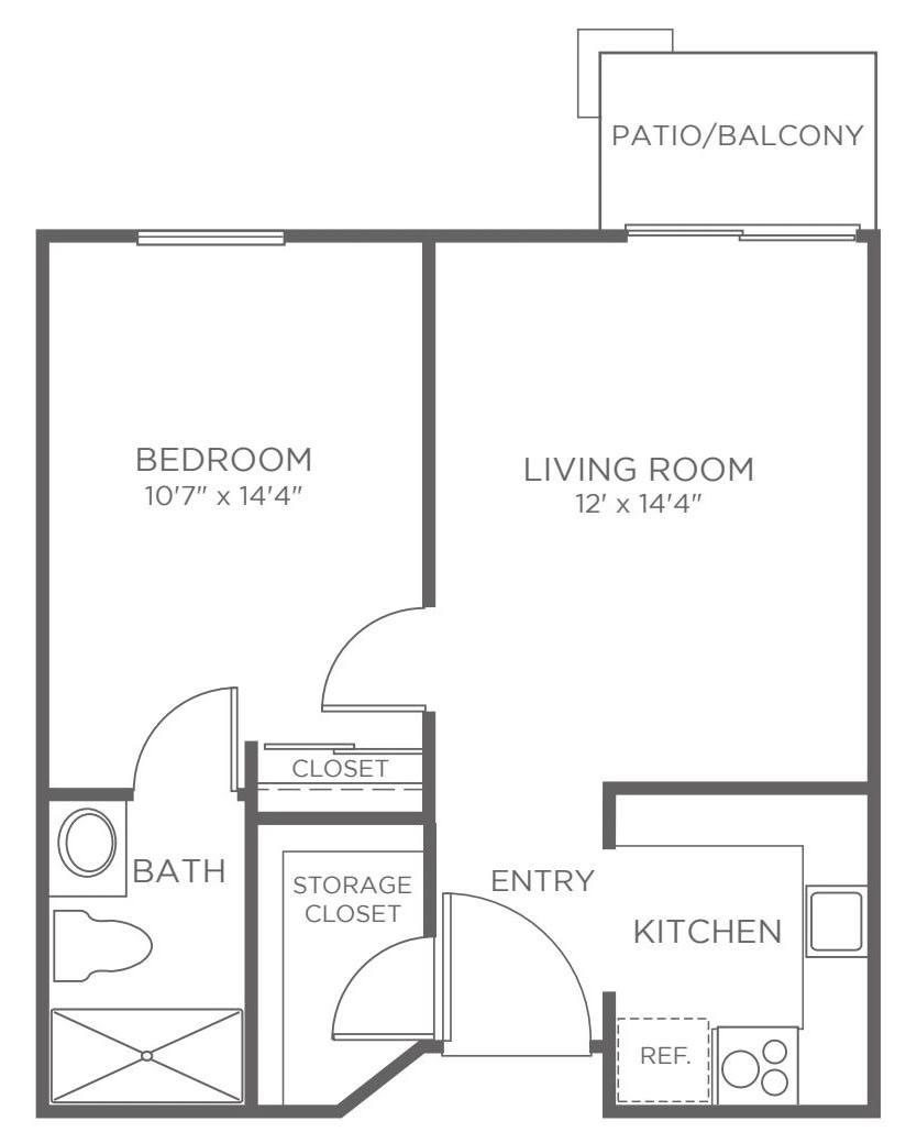 A floor plan of a one-bedroom apartment featuring a living room, kitchen, bathroom, and patio.