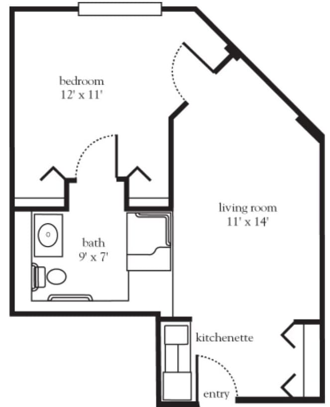 A simple floor plan showing a one-bedroom apartment with a living room, kitchenette, and bathroom.