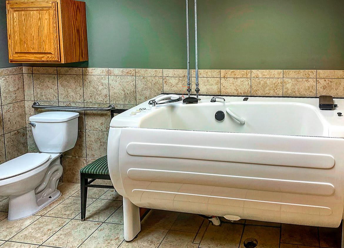 A bathroom with a freestanding bathtub and a toilet.