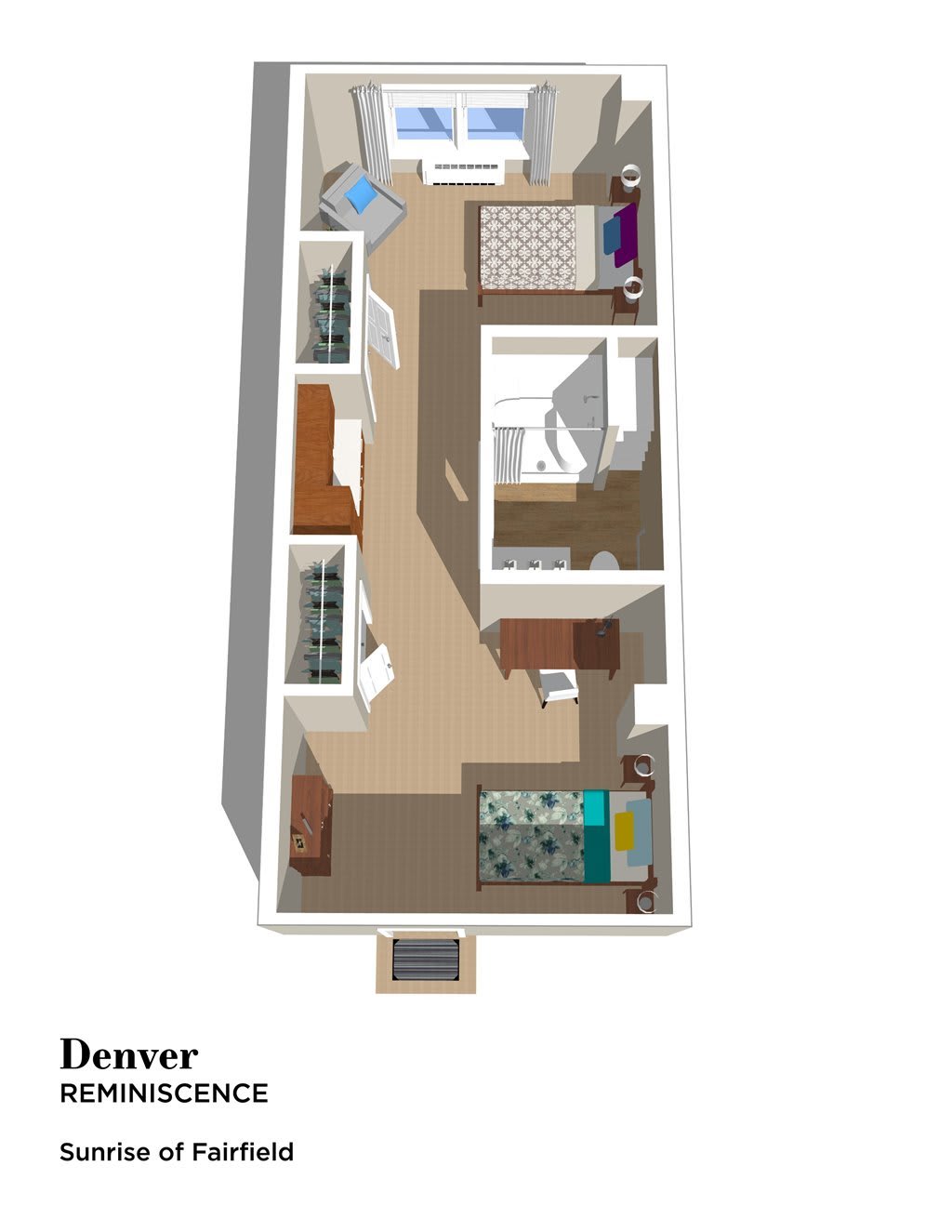A detailed floor plan of an apartment showing the layout of rooms and furniture.