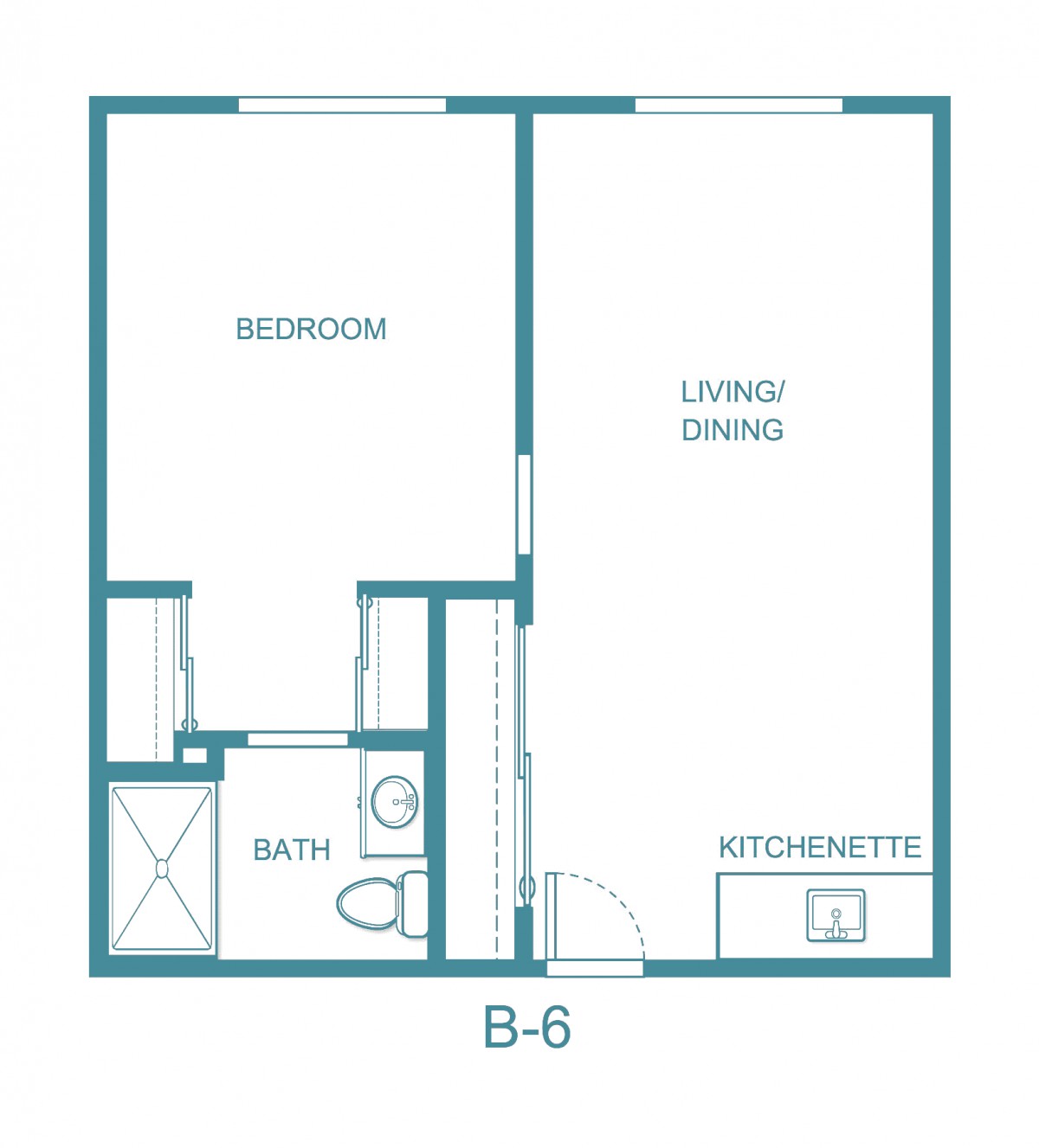 A floor plan of a one-bedroom apartment with a living area, bathroom, and kitchenette.