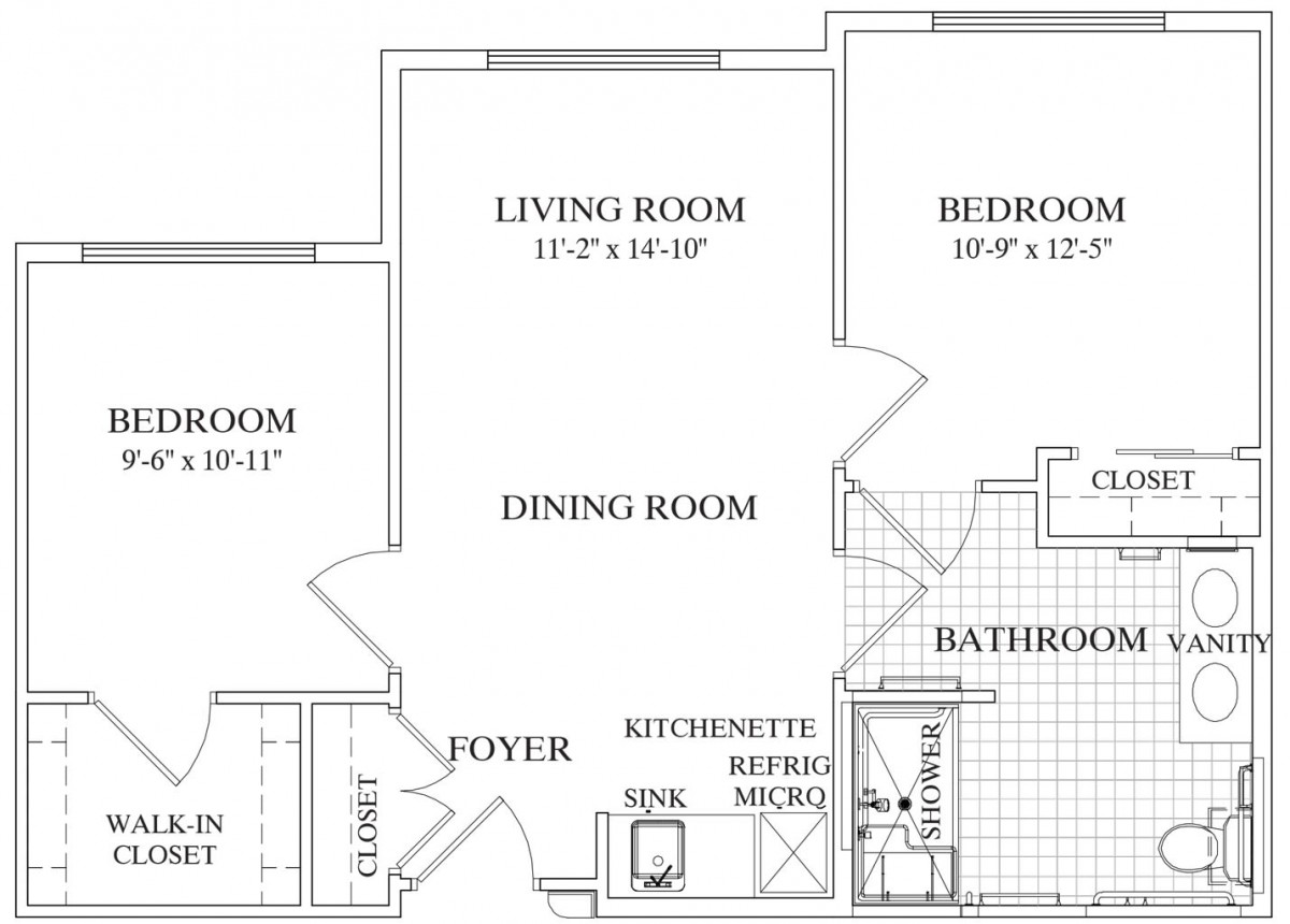 Floor plan of an apartment showing layout of rooms including living room, dining room, and bedroom.