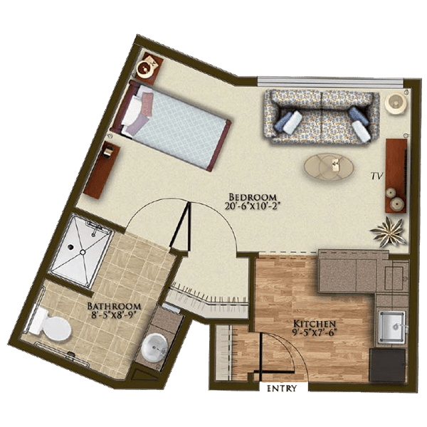 A floor plan of a one-bedroom apartment with a kitchen, bathroom, and living room.
