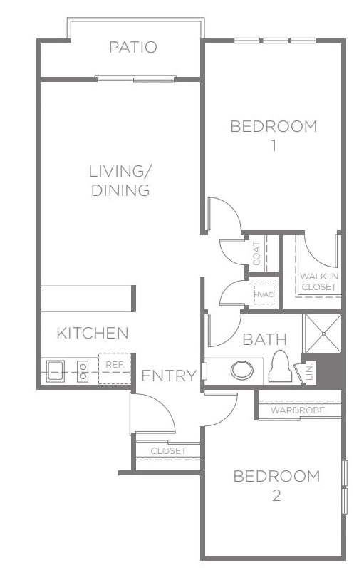 A floor plan of a one-bedroom apartment showing the layout of the living/dining area, kitchen, bedroom, and bathroom.