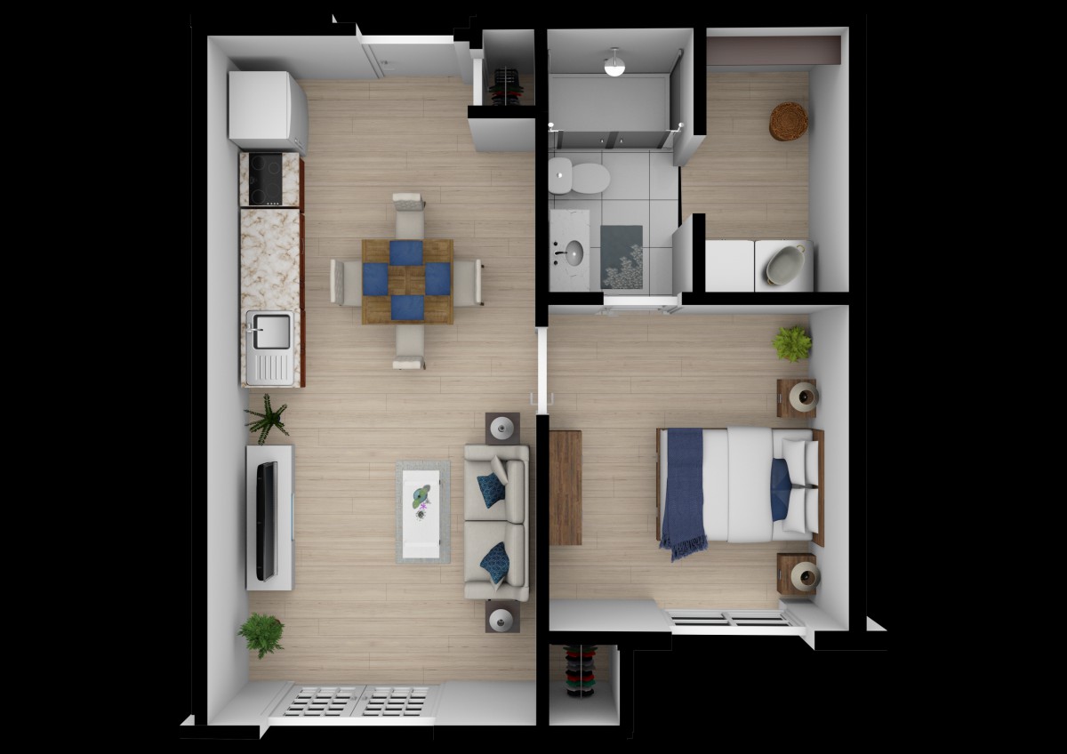 One-bedroom apartment floor plan with a living room, kitchen, bathroom, and bedroom.