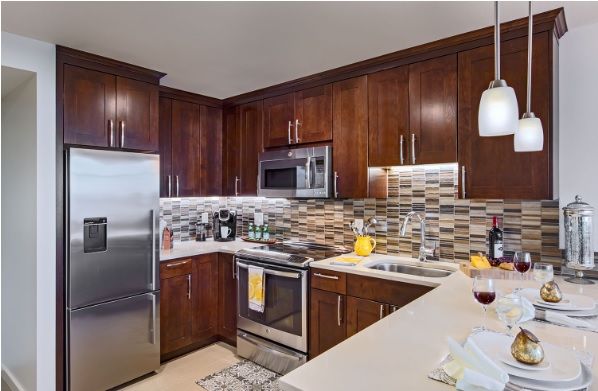A modern kitchen with dark brown cabinets and stainless steel appliances.
