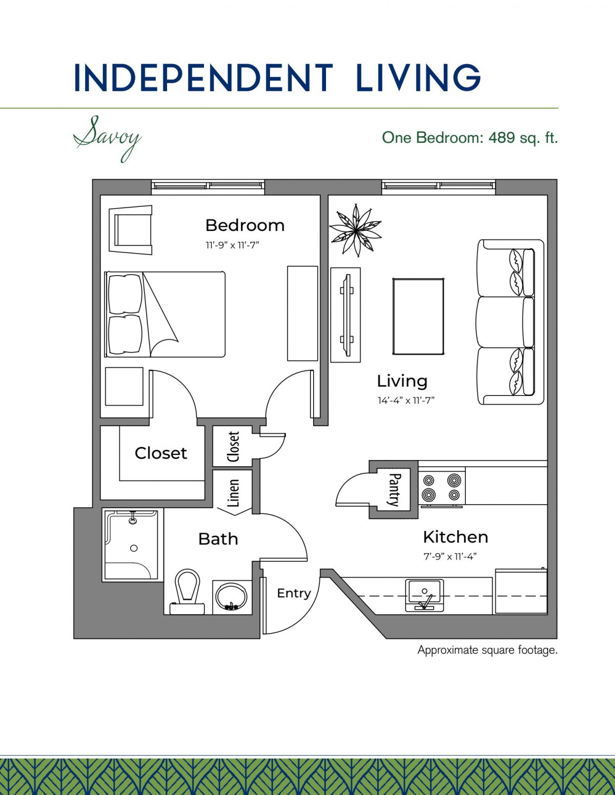 This image shows a floor plan of a one-bedroom apartment, featuring a living room, kitchen, bathroom, and closet space.